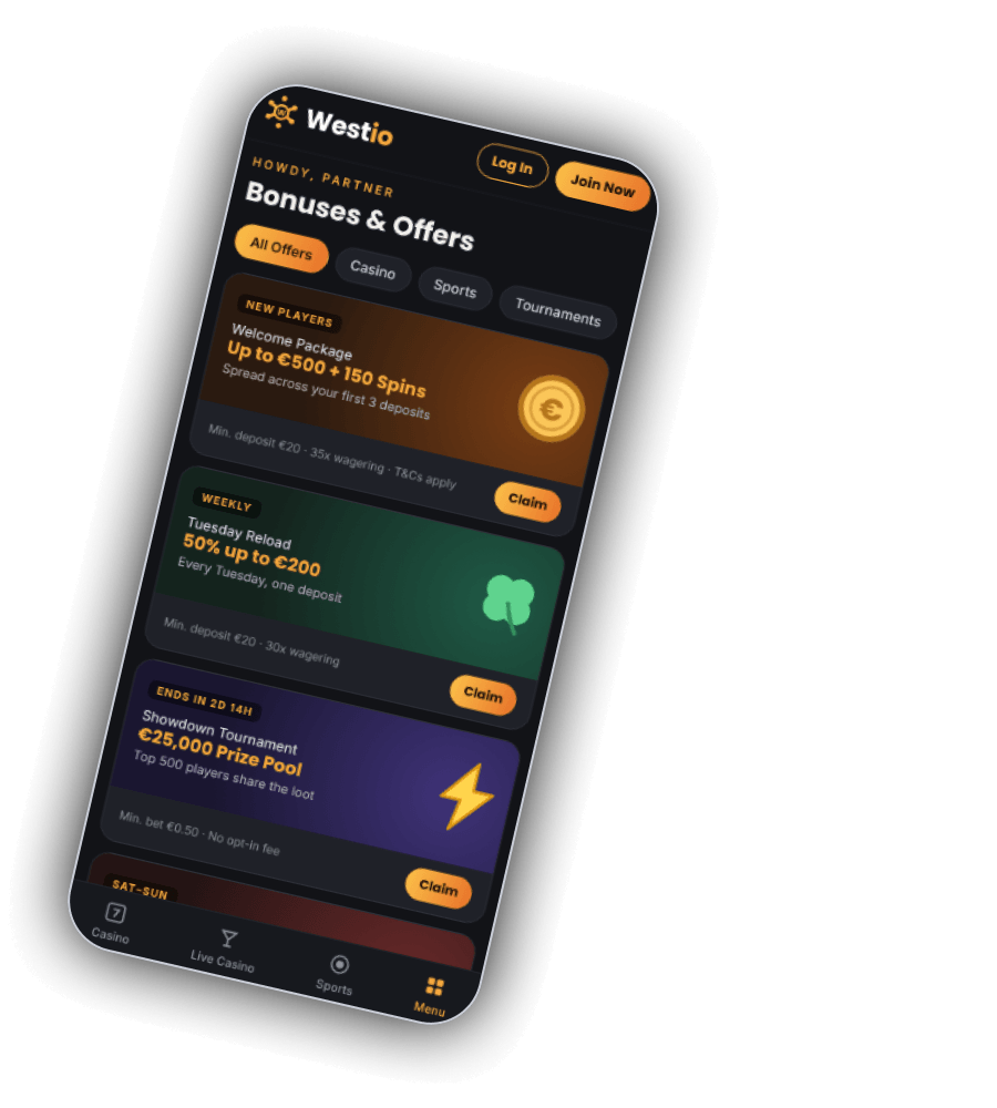 Westio Bonuses and Offers screen on a phone headed Howdy, partner, with filters All Offers, Casino, Sports and Tournaments, a New Players Welcome Package card for up to €500 + 150 spins spread across the first 3 deposits with minimum deposit €20 and 35x wagering, a Weekly Tuesday Reload card for 50% up to €200 with minimum deposit €20 and 30x wagering, a Showdown Tournament card with a €25,000 prize pool shared by the top 500 players, minimum bet €0.50 and no opt in fee, ending in 2 days 14 hours, and a Sat-Sun card below, each with a Claim button