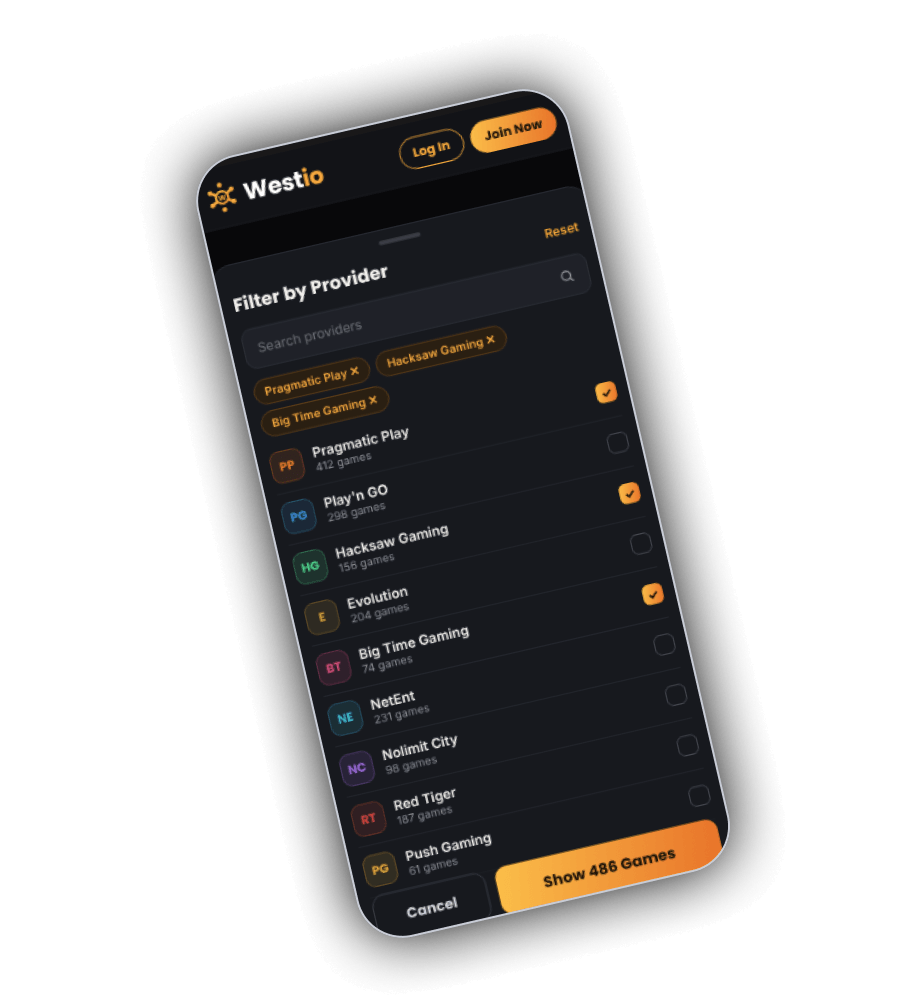 Westio Filter by Provider sheet on a phone with a search field, selected chips for Pragmatic Play, Hacksaw Gaming and Big Time Gaming, and a checklist of studios with game counts: Pragmatic Play 412, Play'n GO 298, Hacksaw Gaming 156, Evolution 204, Big Time Gaming 74, NetEnt 231, Nolimit City 98, Red Tiger 187 and Push Gaming 61, with Reset, Cancel and Show 486 Games buttons