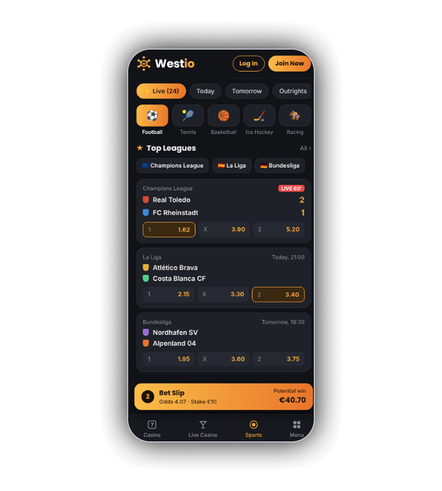 Westio sportsbook on a phone with filters Live (24), Today, Tomorrow and Outrights, sport icons for Football, Tennis, Basketball, Ice Hockey and Racing, Top Leagues chips for Champions League, La Liga and Bundesliga, a live Champions League match Real Toledo 2 FC Rheinstadt 1 at 63 minutes priced 1.62, 3.90 and 5.20, La Liga Atlético Brava v Costa Blanca CF today at 21:00 priced 2.15, 3.30 and 3.40, Bundesliga Nordhafen SV v Alpenland 04 tomorrow at 18:30 priced 1.95, 3.60 and 3.75, and an orange Bet Slip bar with 2 selections, odds 4.07, stake €10 and potential win €40.70